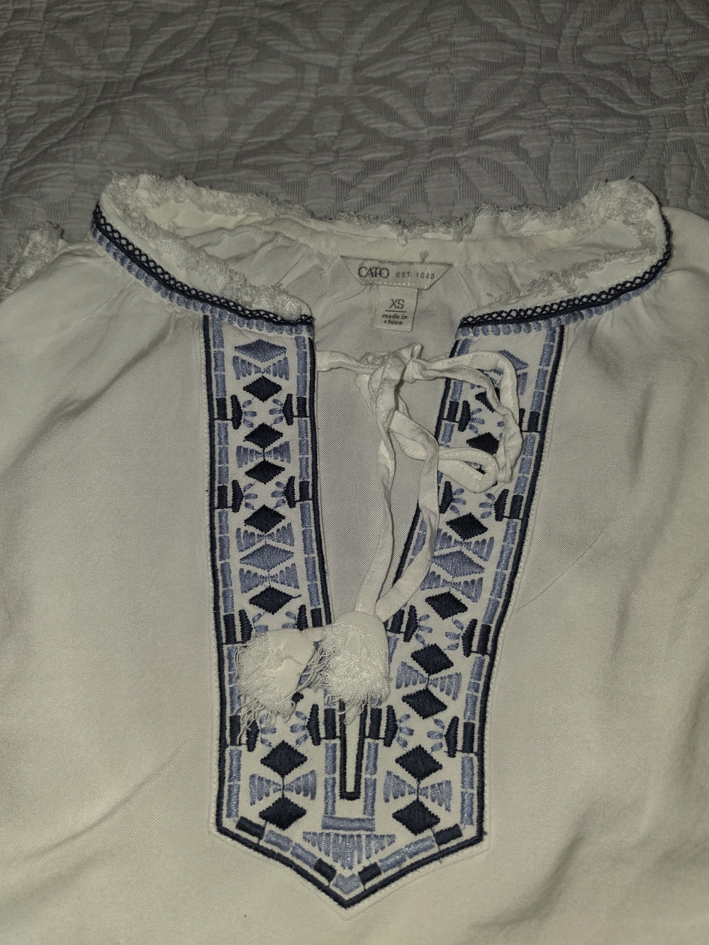 Cato White Sleeveless Embroidered Tie-Neck Peasant Top